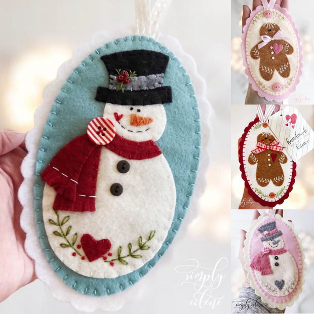 Christmas felt ornaments pattern snowman gingerbread